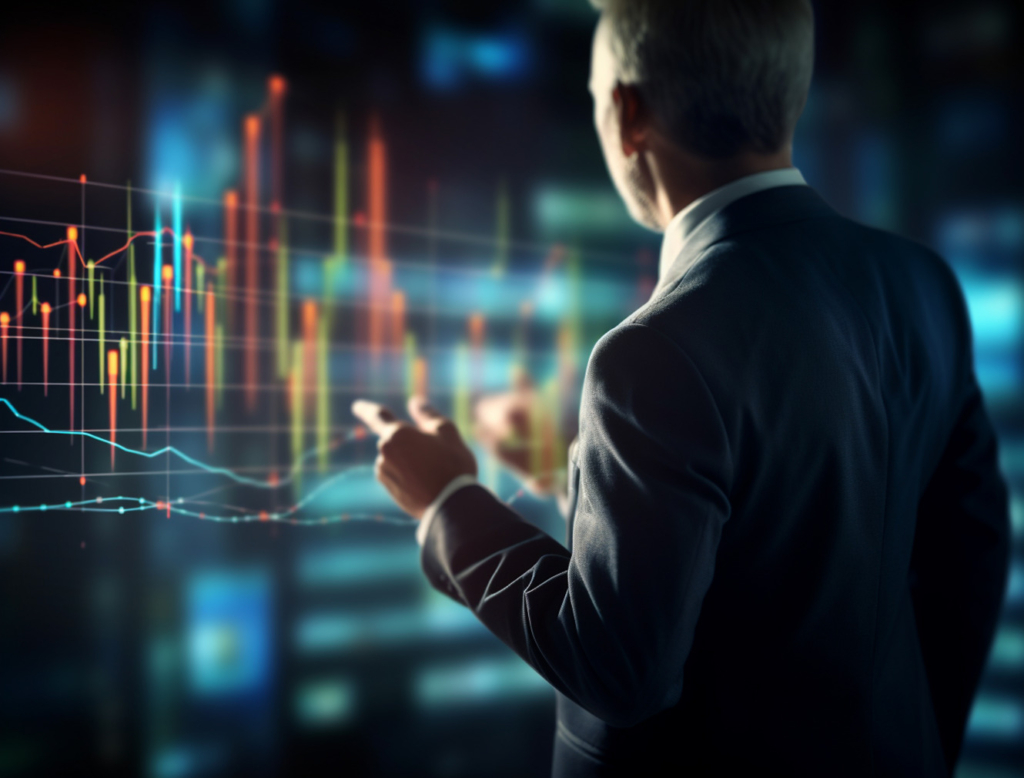 Business professional analyzing colorful financial charts and graphs on a futuristic digital screen, symbolizing data-driven decision making and market analysis.