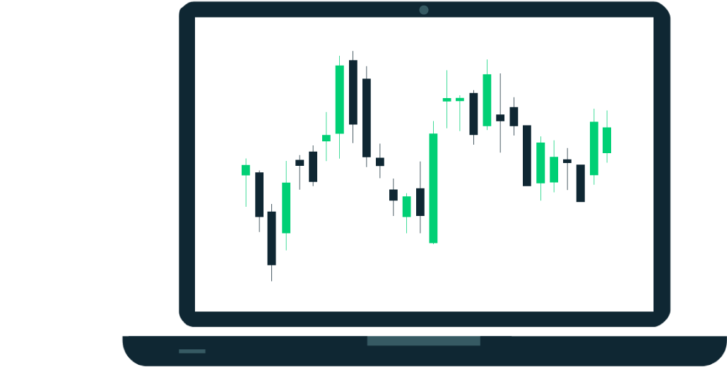 Laptop screen displaying a candlestick chart, featuring green and black bars, representing financial data or stock market trends.