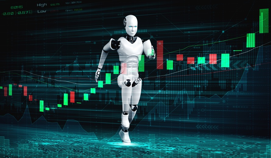 A humanoid robot running in front of a rising financial market chart with digital financial data in the background.