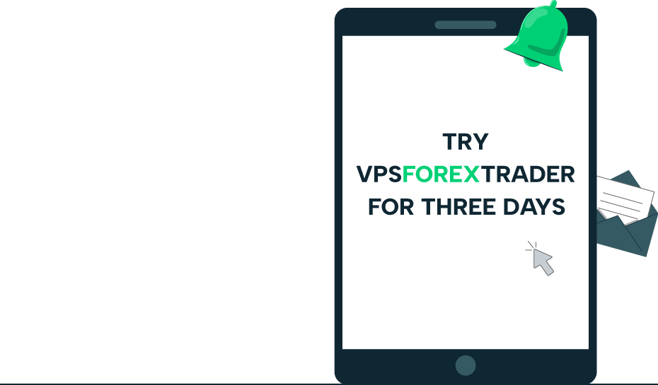 Tablet displaying text: Try VPS Forex Trader for three days. A green notification bell and an envelope icon are on the side.
